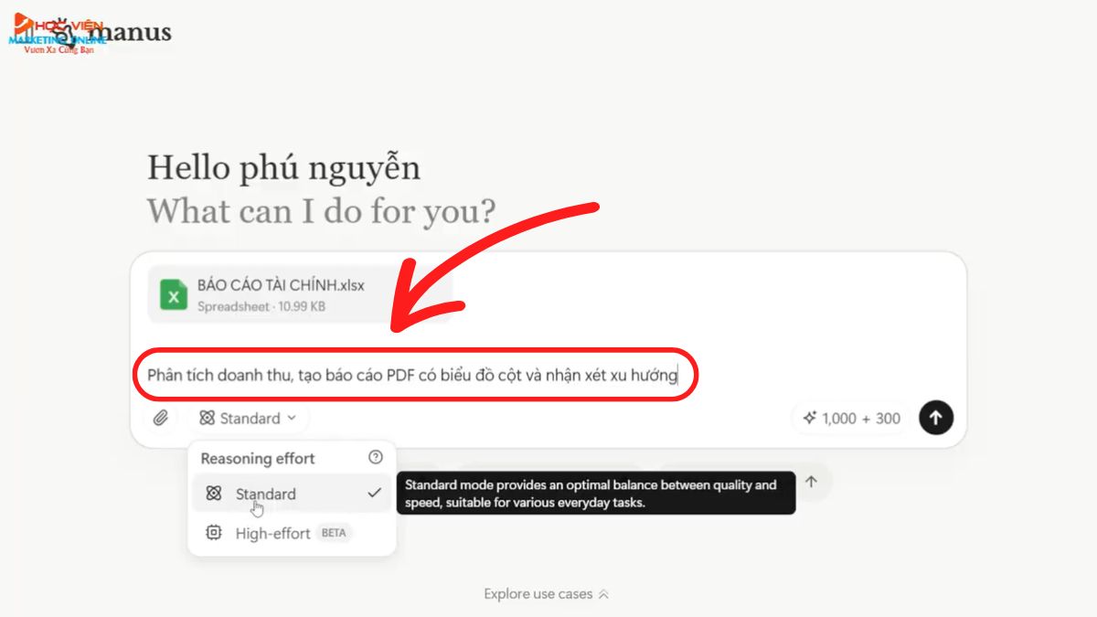 Hướng dẫn cách sử dụng Manus AI đọc hiểu và phân tích dữ kiệu tài chính từ Excel bước 2