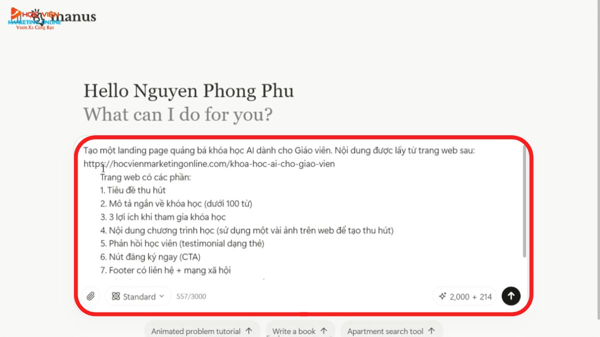 Hướng dẫn cách sử dụng Manus AI tạo landing page từ nội dung website bước 1