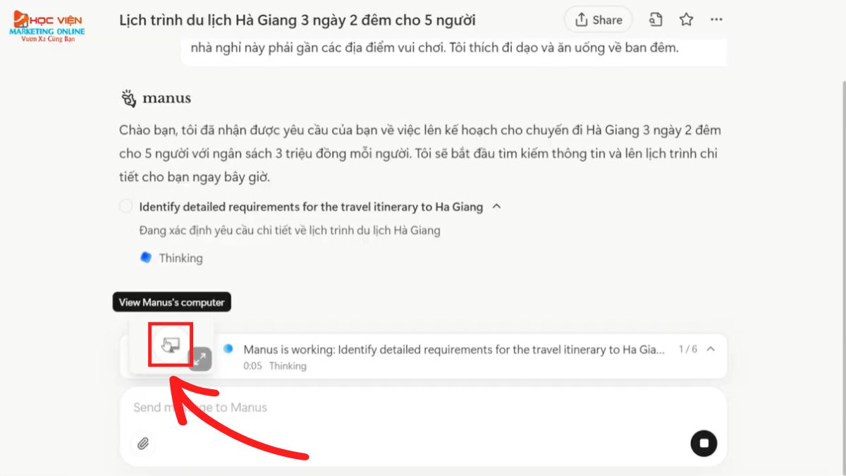 Hướng dẫn cách sử dụng Manus AI lên lịch trình du lịch và tìm kiếm địa điểm bước 2.1