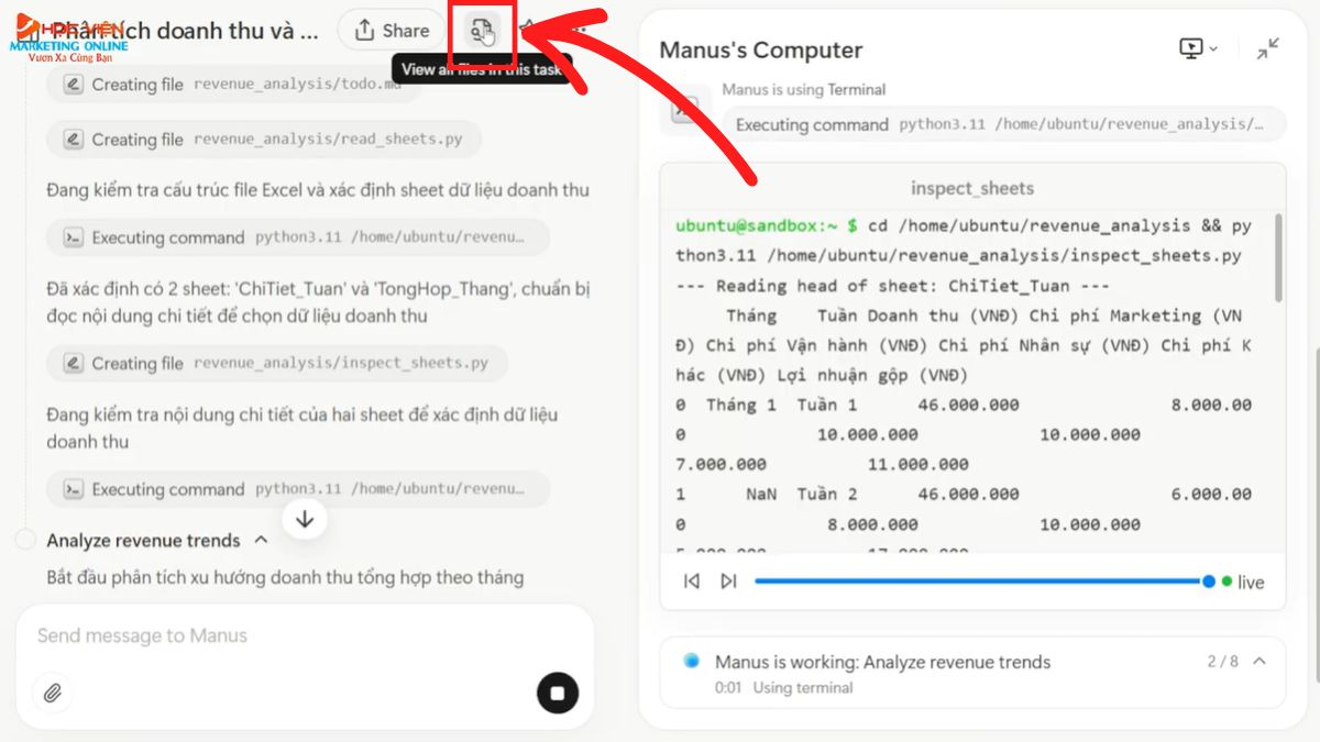 Hướng dẫn cách sử dụng Manus AI đọc hiểu và phân tích dữ kiệu tài chính từ Excel bước 4.1