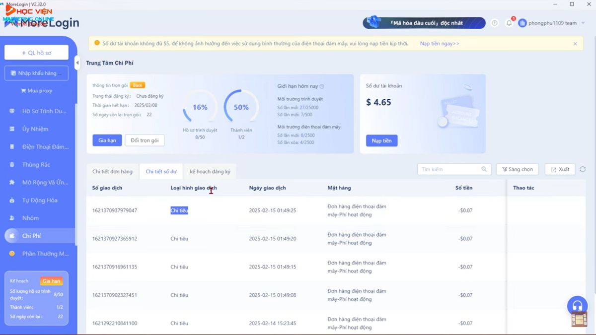 Hướng dẫn sử dụng MoreLogin với tính năng chi phí 