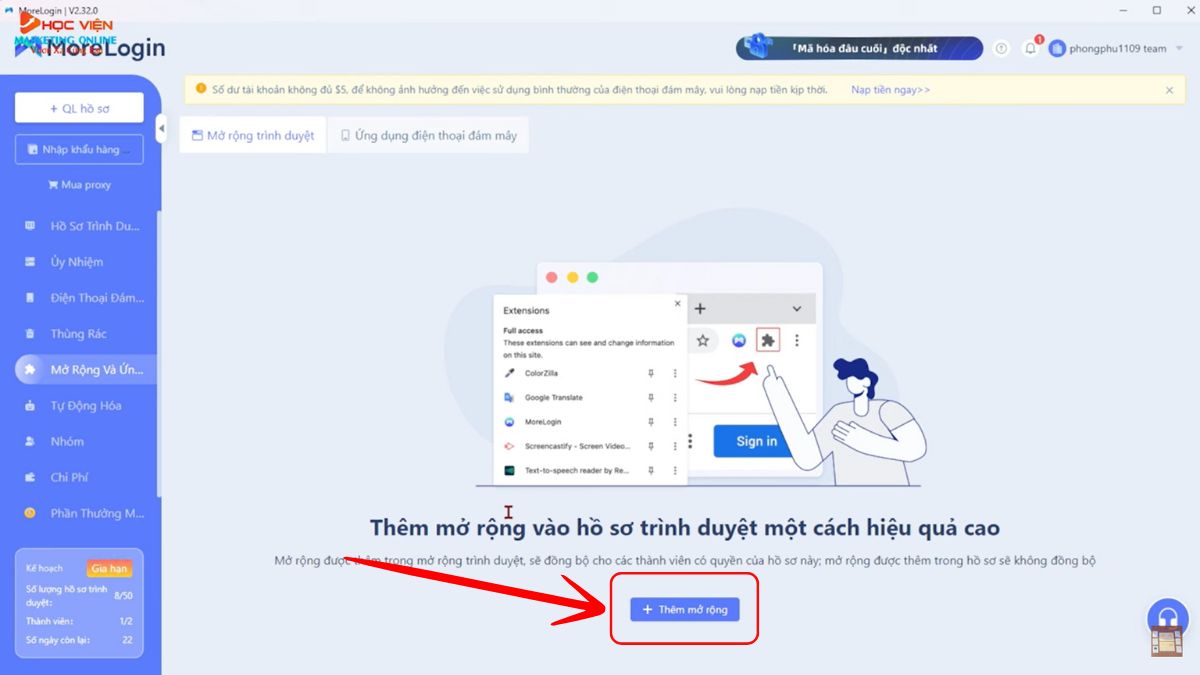 Cách sử dụng MoreLogin với tính năng mở rộng và ứng dụng bước 2