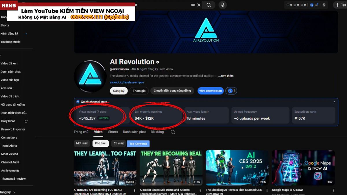 Ngách Chủ Đề Làm Youtube View Ngoại Không Lộ Mặt Bằng AI- Ví dụ thực tế Ngách tin tức công nghệ và AI