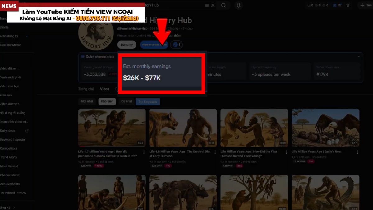 Ngách Chủ Đề Làm Youtube View Ngoại Không Lộ Mặt Bằng AI- Ví dụ thực tế Ngách tiền sử