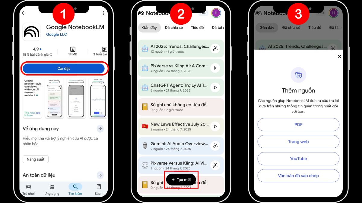 Hướng dẫn cách sử dụng một số tính năng mới trên NotebookLM- Sử dụng Notebooklm trên điện thoại bước 1,2,3