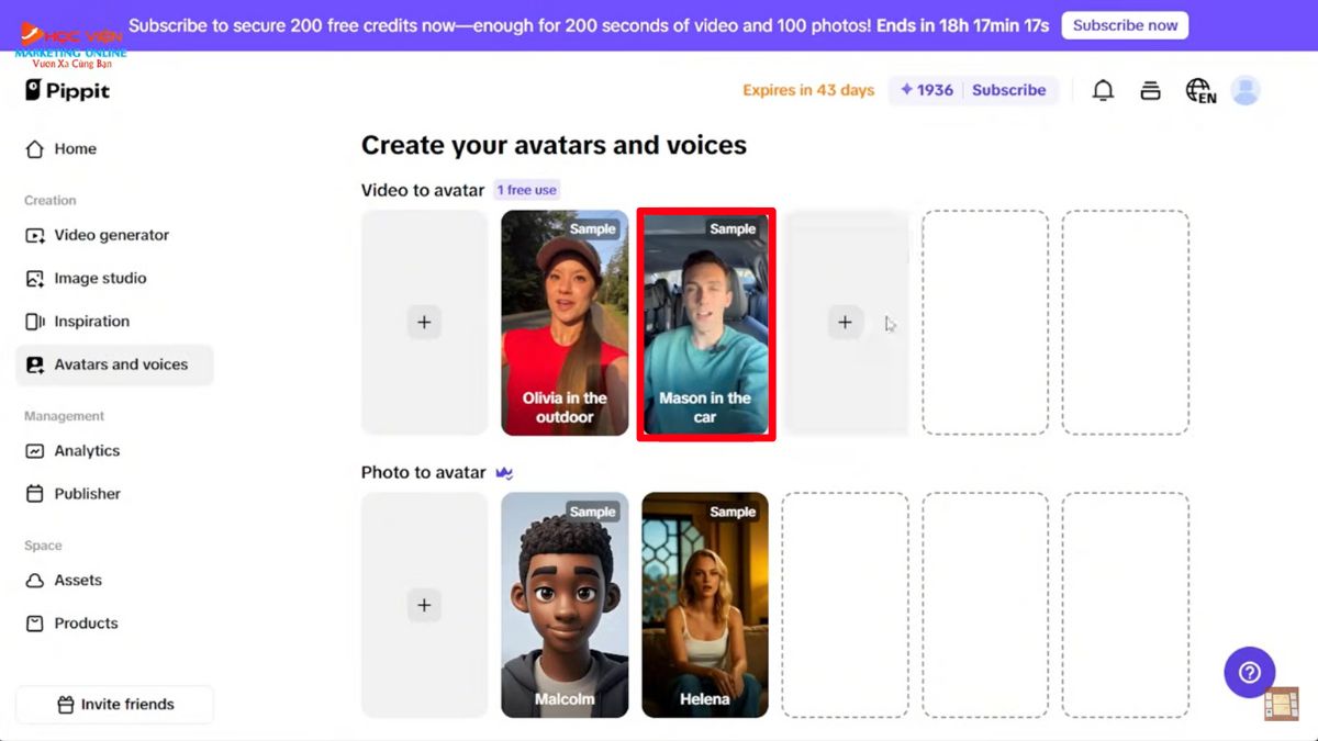 Hướng dẫn cách sử dụng Pippit AI miễn phí- Avatars and Voices sử dụng avatar có sẵn bước 1