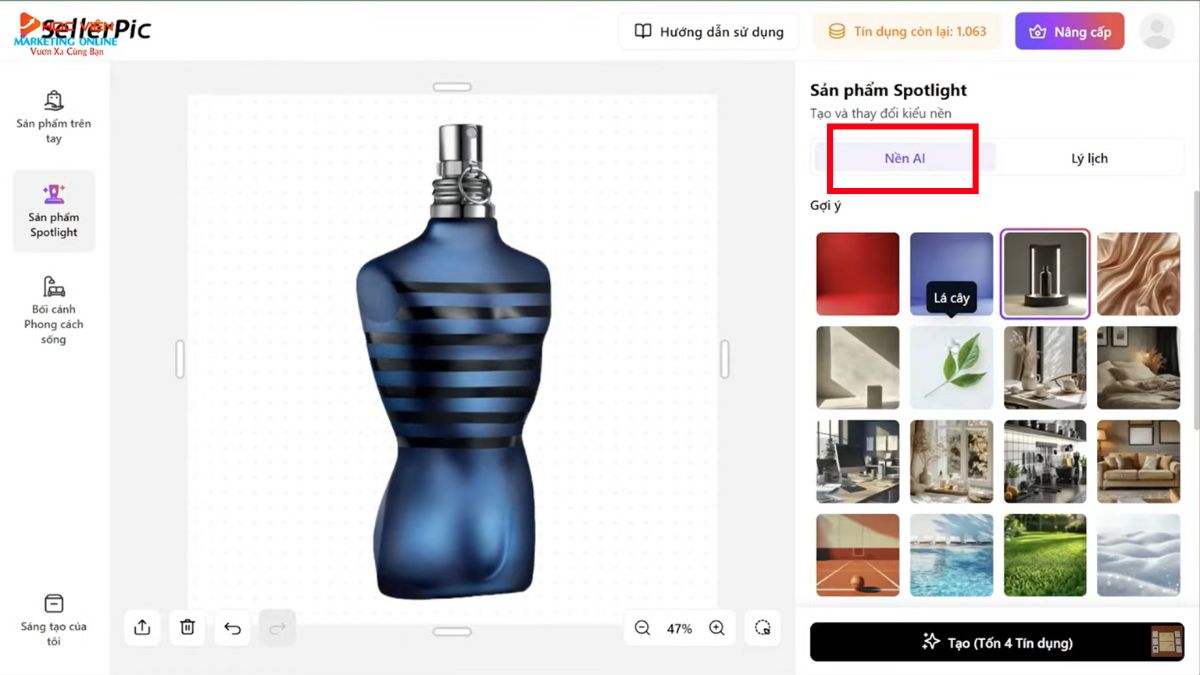 Hướng dẫn cách sử dụng SellerPic AI- Tạo ảnh sản phẩm Spotlight bước 2.1