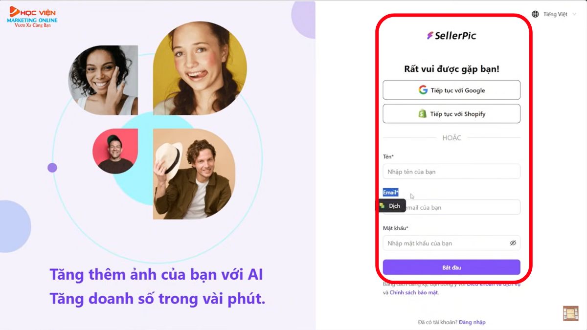 Cách đăng ký tài khoản SellerPic AI miễn phí bước 3