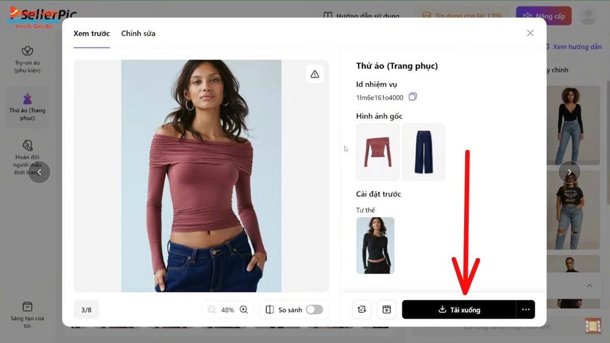 Hướng dẫn cách sử dụng SellerPic AI- Hình ảnh mô hình AI- Thêm trang phục cho người mẫu bước 5