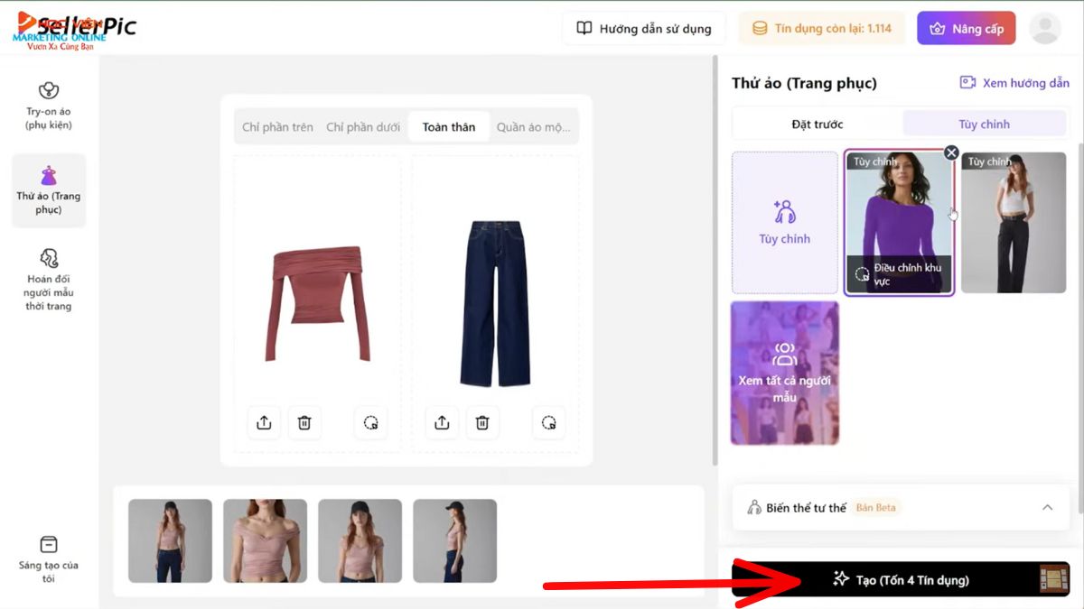 Hướng dẫn cách sử dụng SellerPic AI- Hình ảnh mô hình AI- Thêm trang phục cho người mẫu bước 4.1