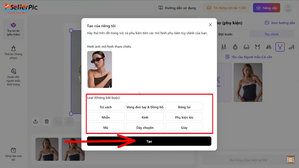 Hướng dẫn cách sử dụng SellerPic AI- Hình ảnh mô hình AI- Thêm phụ kiện cho người mẫu bước 2.2