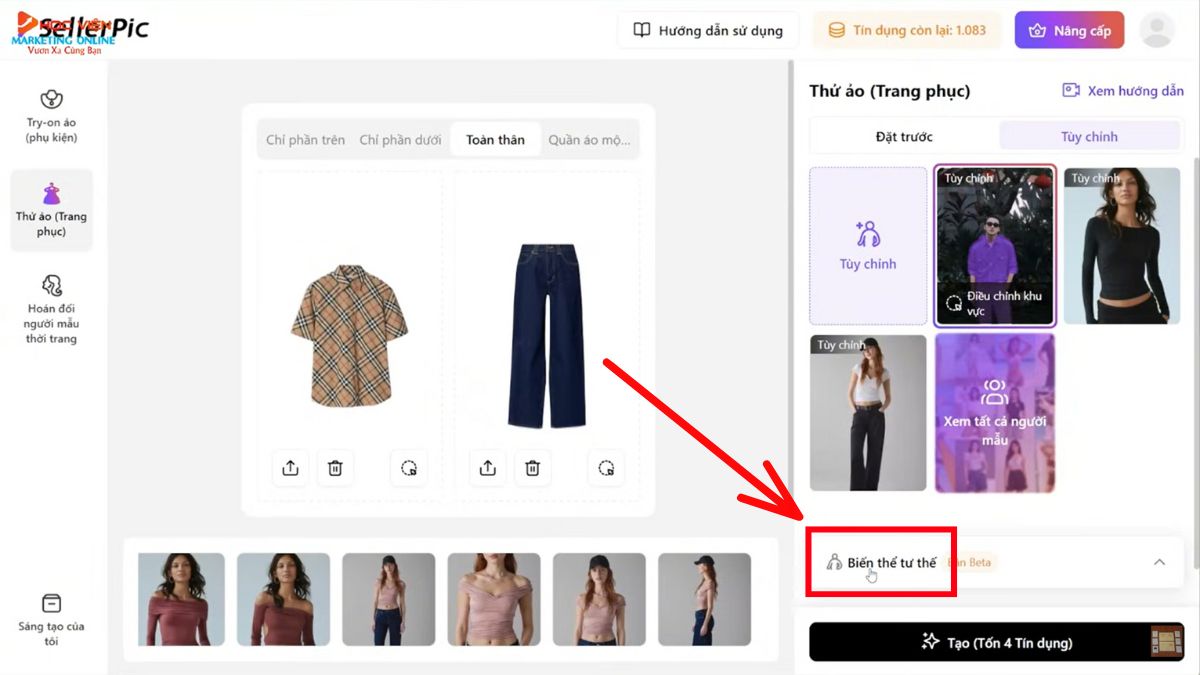 Hướng dẫn cách sử dụng SellerPic AI- Hình ảnh mô hình AI- Thêm trang phục cho người mẫu bước 4.2