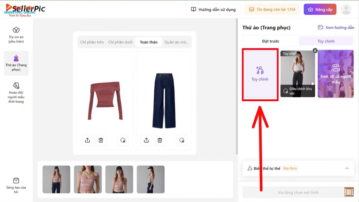 Hướng dẫn cách sử dụng SellerPic AI- Hình ảnh mô hình AI- Thêm trang phục cho người mẫu bước 2.2