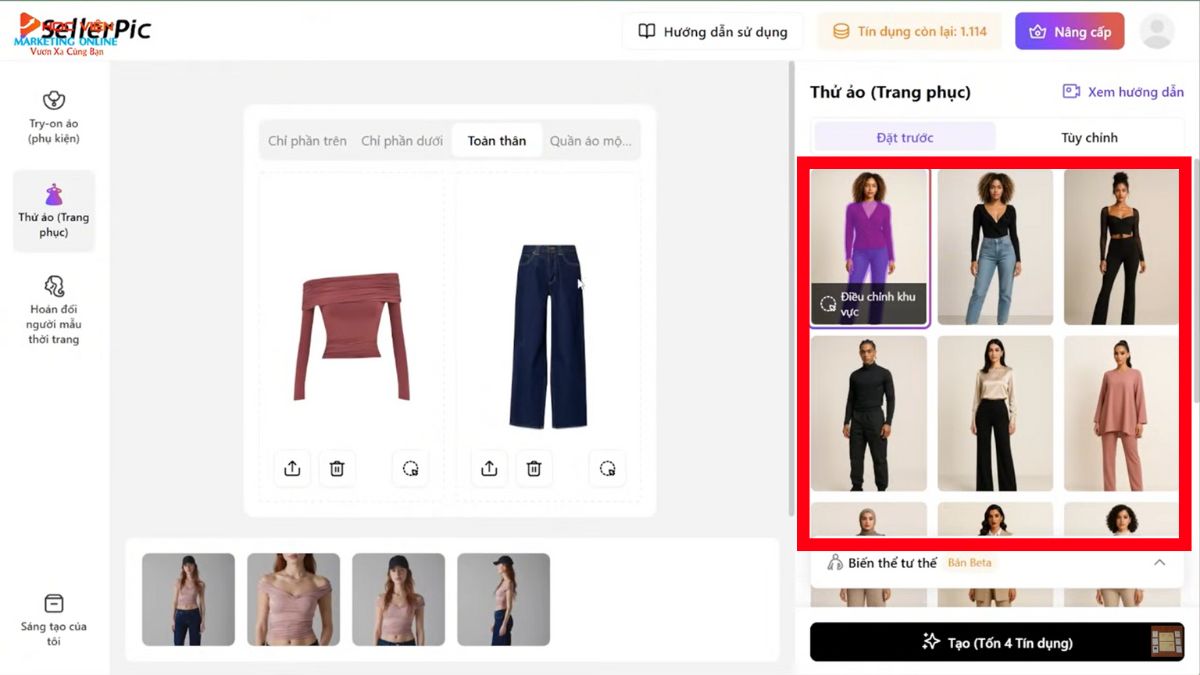 Hướng dẫn cách sử dụng SellerPic AI- Hình ảnh mô hình AI- Thêm trang phục cho người mẫu bước 2.1