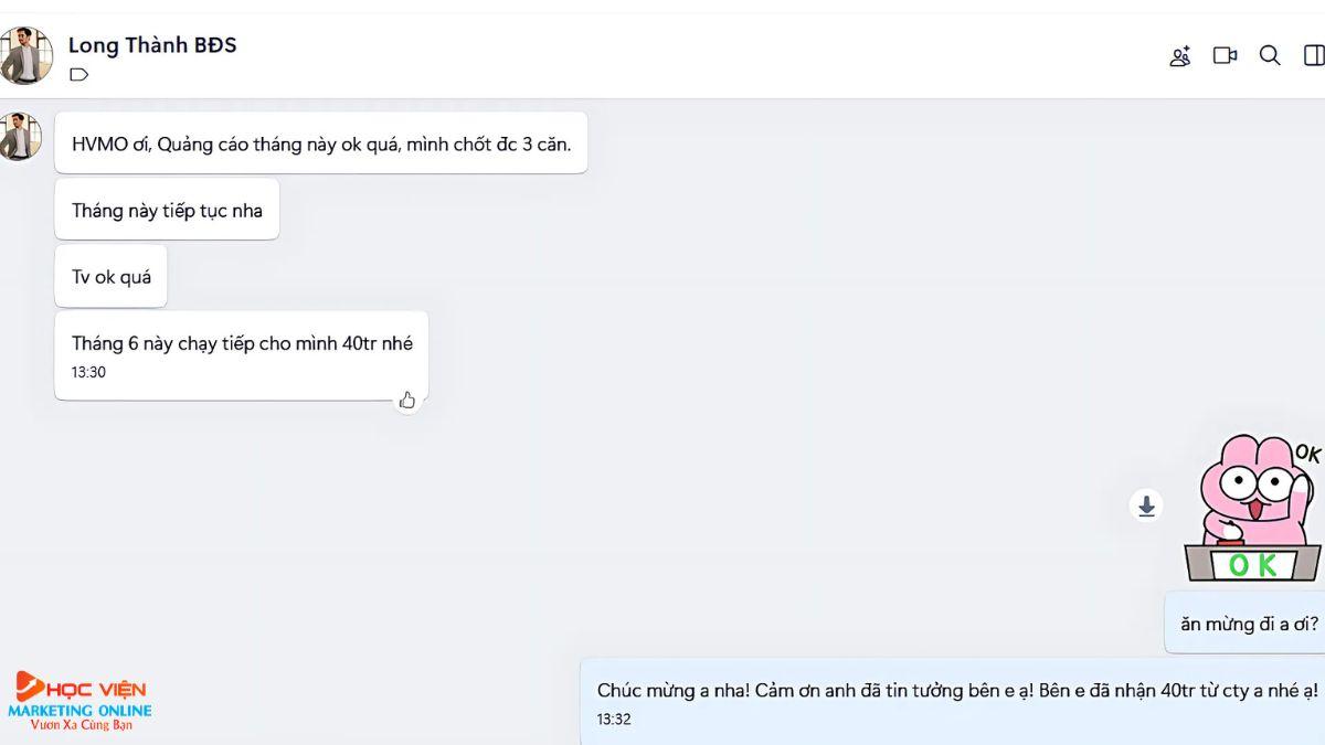 Feedback khách hàng chốt đơn thành công sau khi sử dụng dịch vụ quảng cáo từ HVMO