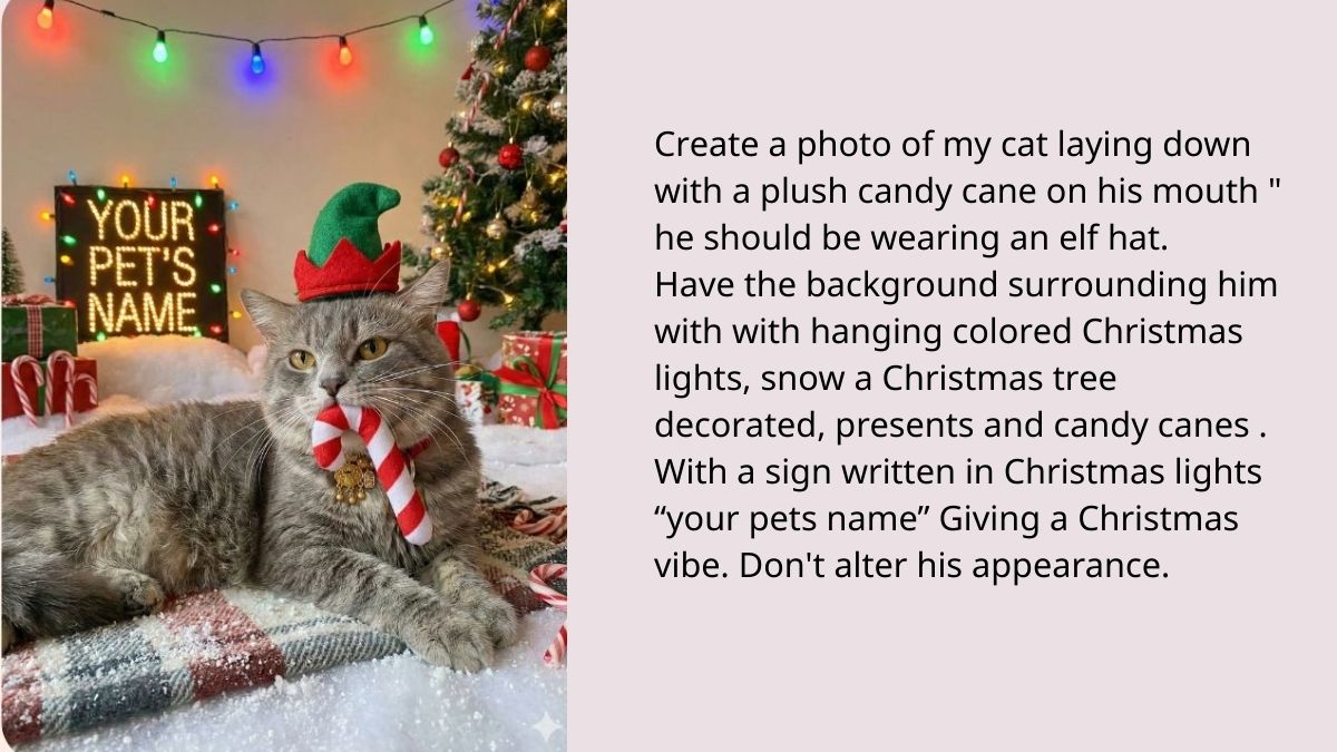 Prompt Tạo Ảnh Thú Cưng Ngậm Kẹo Bông Bên Cây Thông Noel