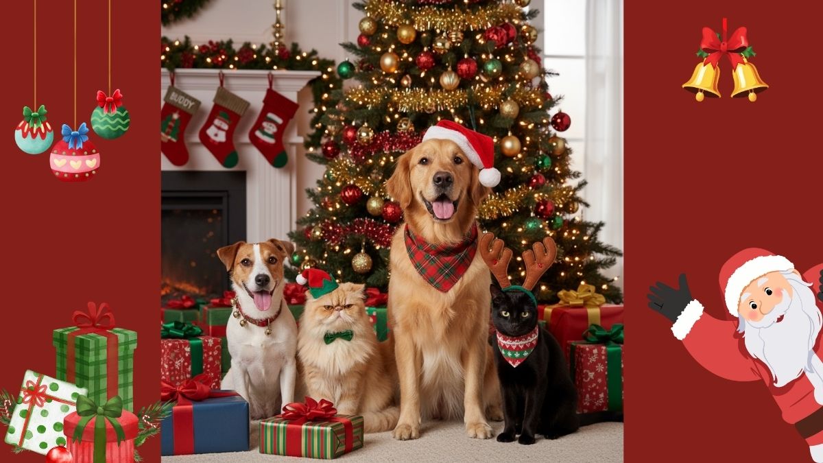 Prompt Tạo Ảnh AI Chó Mèo Đứng Cạnh Cây Thông Noel
