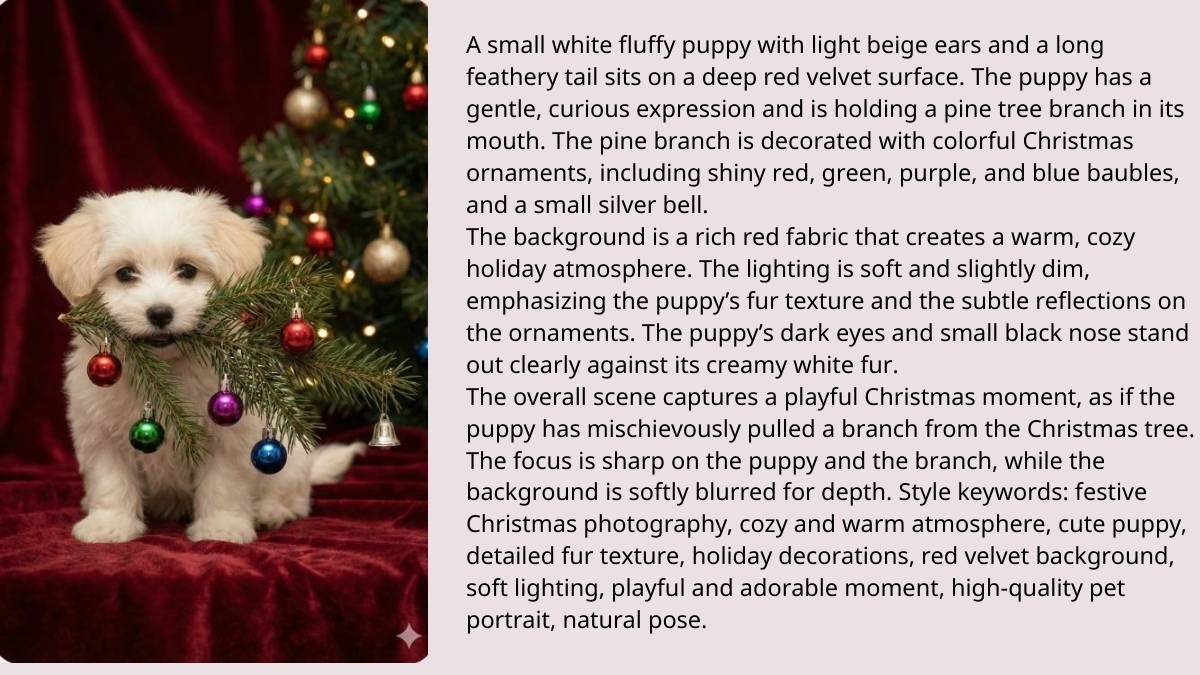 Prompt Tạo Ảnh Thú Cưng Ngồi Trên Một Món Quà Giáng Sinh, Đội Mũ Đỏ