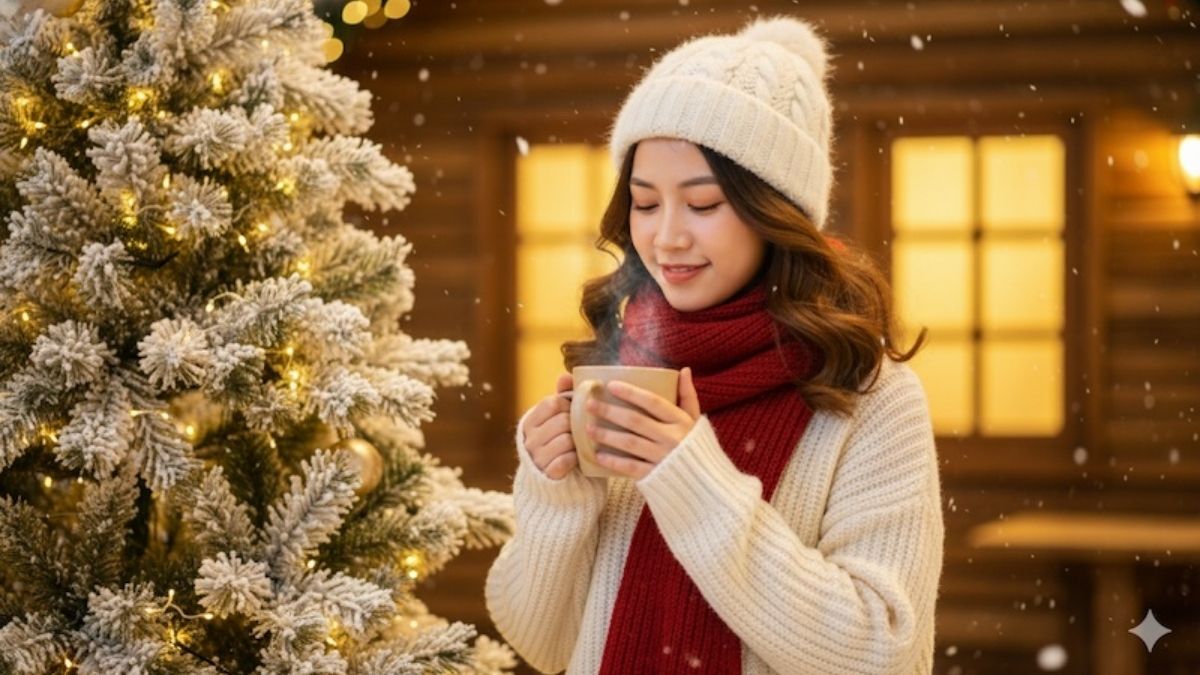 Prompt Tạo Ảnh Nữ Đứng Cạnh Cây Thông Noel Tuyết Rơi Siêu Xinh
