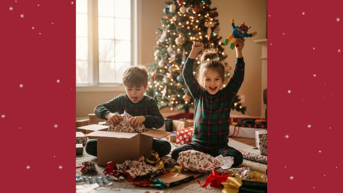 Prompt Tạo Ảnh Noel Bằng AI Hai Em Bé Bóc Quà Trước Cây Thông Noel