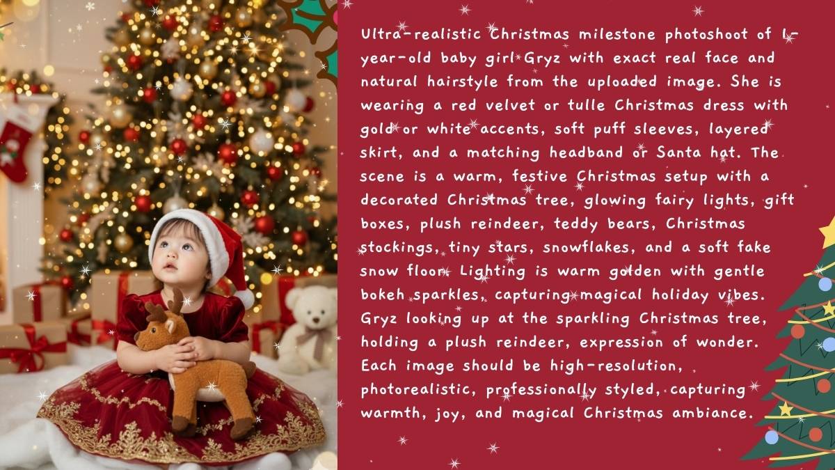 Prompt Tạo Ảnh Đẹp Noel Bằng AI Cho Em Bé Ôm Tuần Lộc Nhìn Cây Thông