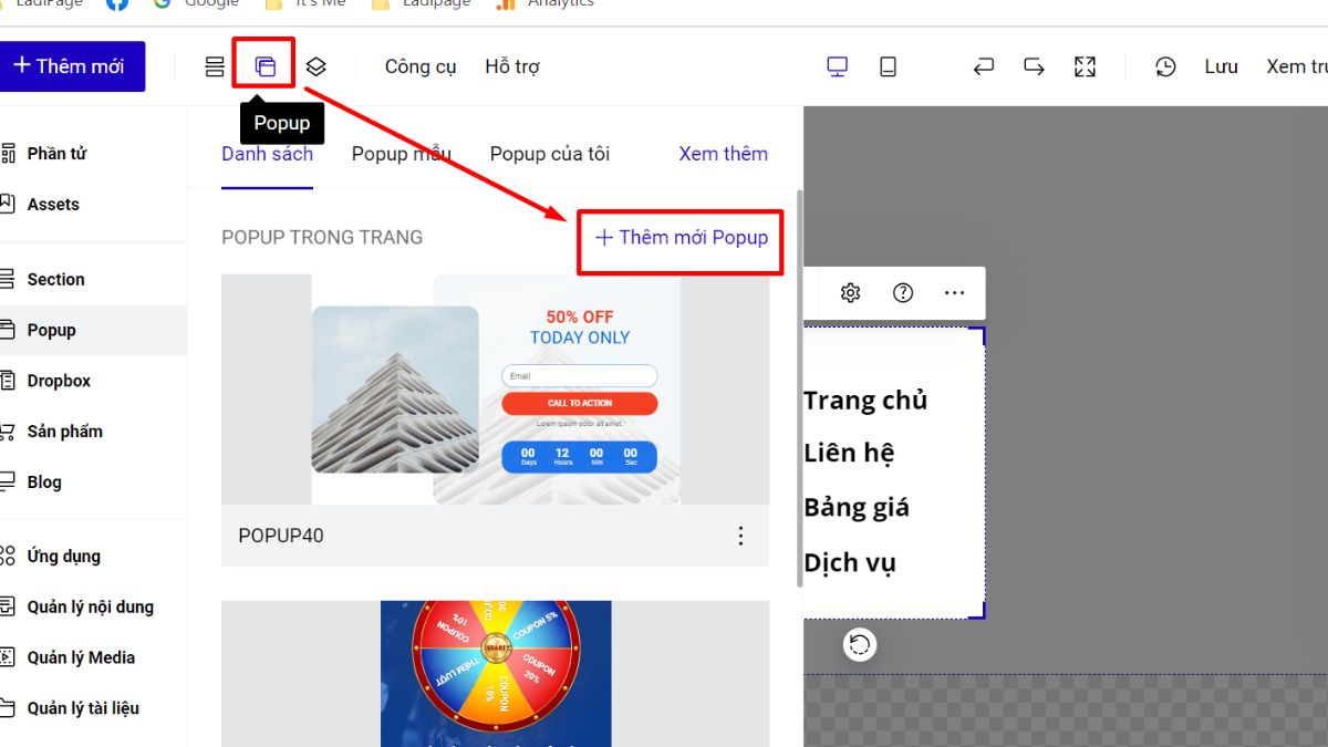 Hướng Dẫn Thiết Kế Menu Trong Ladipage Với Menu Popup Trên Mobile bước 2