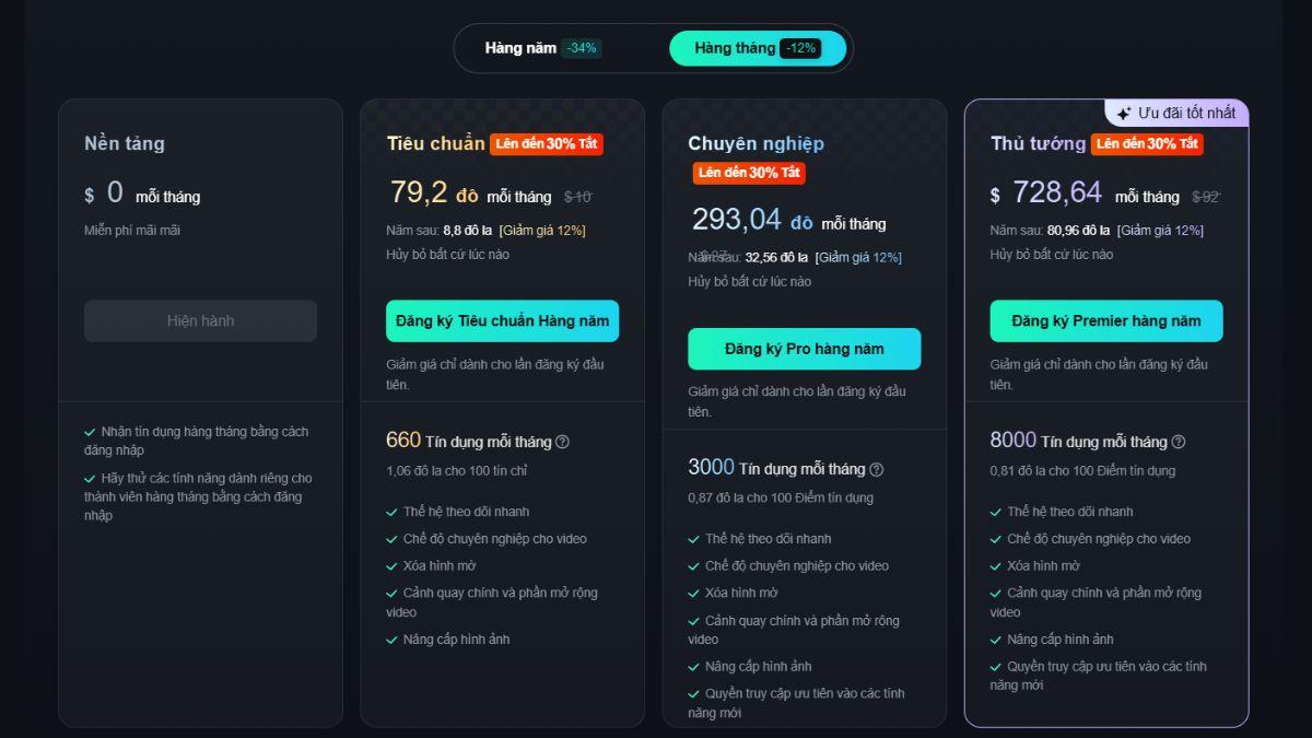 Các gói dịch vụ Kling AI 2.1