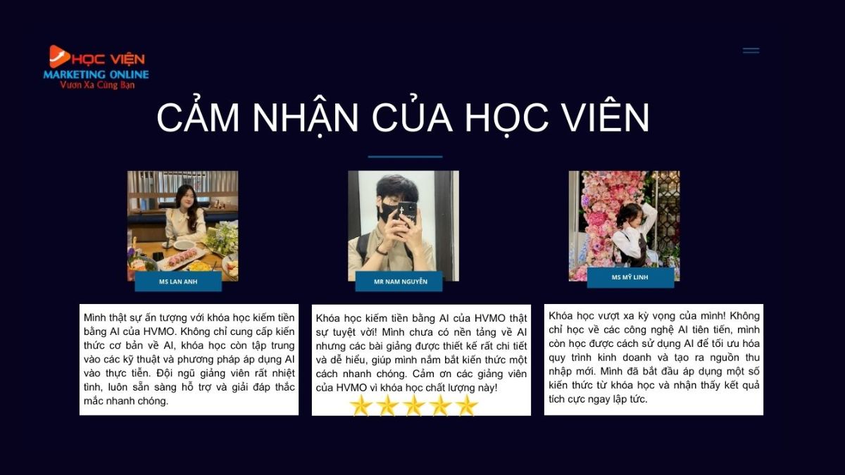 Cảm nhận của học viên tham gia khóa học kiếm tiền bằng AI hiệu quả tại HVMO