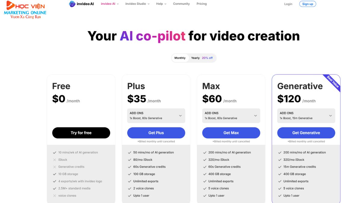 Công cụ tạo video AI cho thương mại điện tử- Chi phí Invideo AI