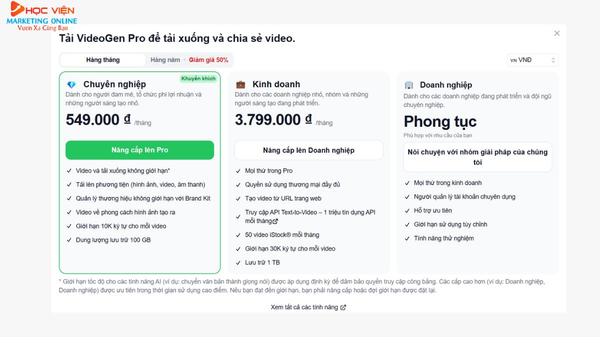 Công cụ tạo video AI cho thương mại điện tử- Chi phí VideoGen