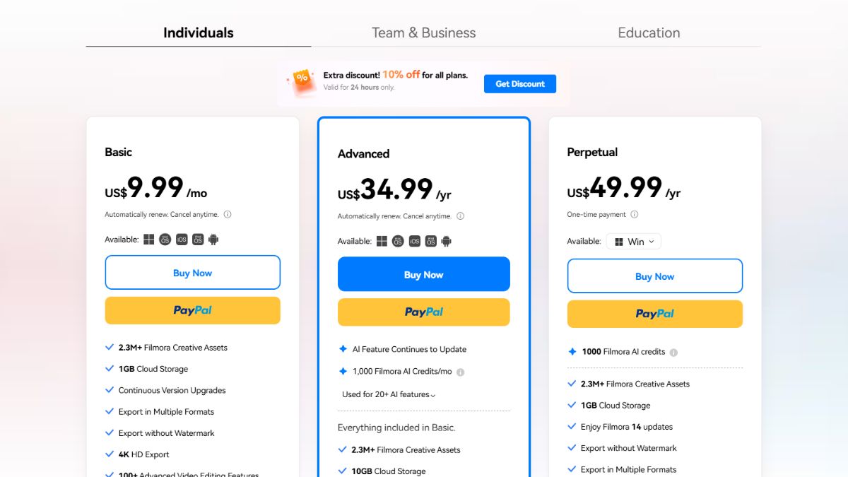 Công cụ chỉnh sửa AI Video Generation tốt nhất với các tính năng AI- Mức giá Wondershare Filmora