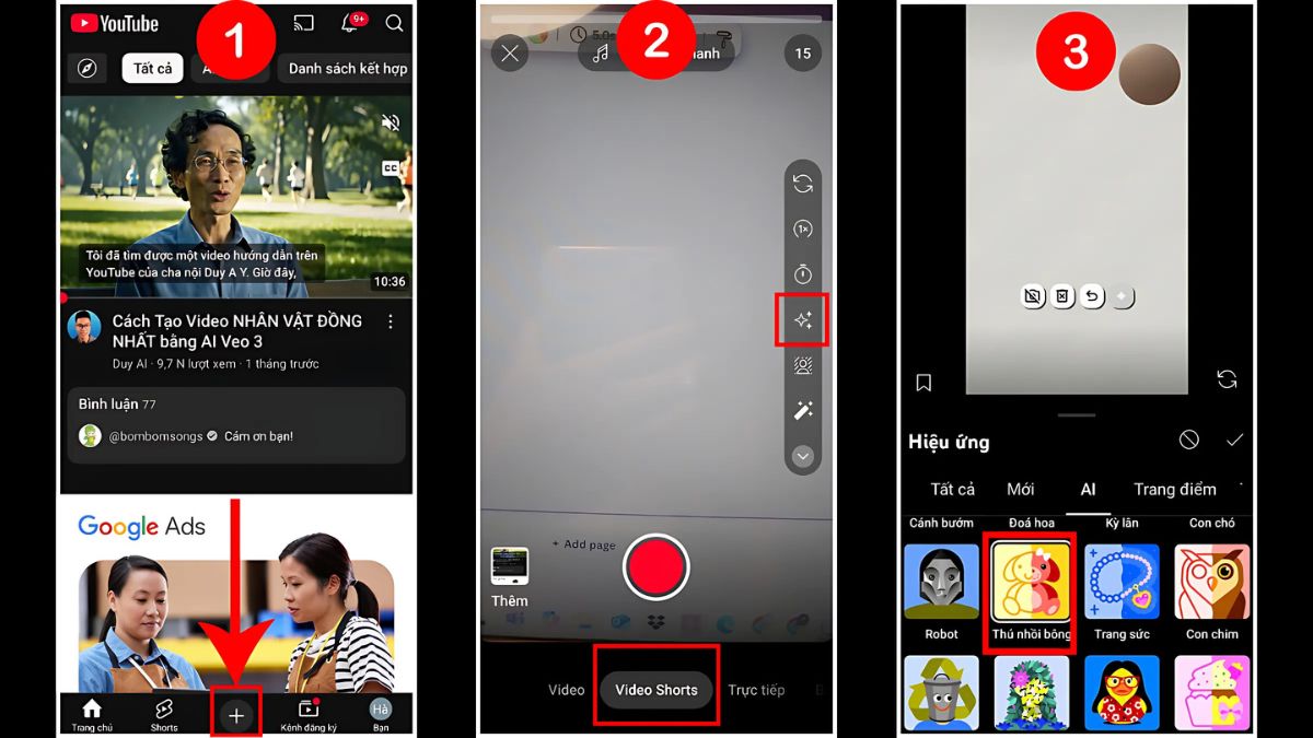 Hướng dẫn cách sử dụng tính năng AI video trên Youtube Shorts bước 1,2,3